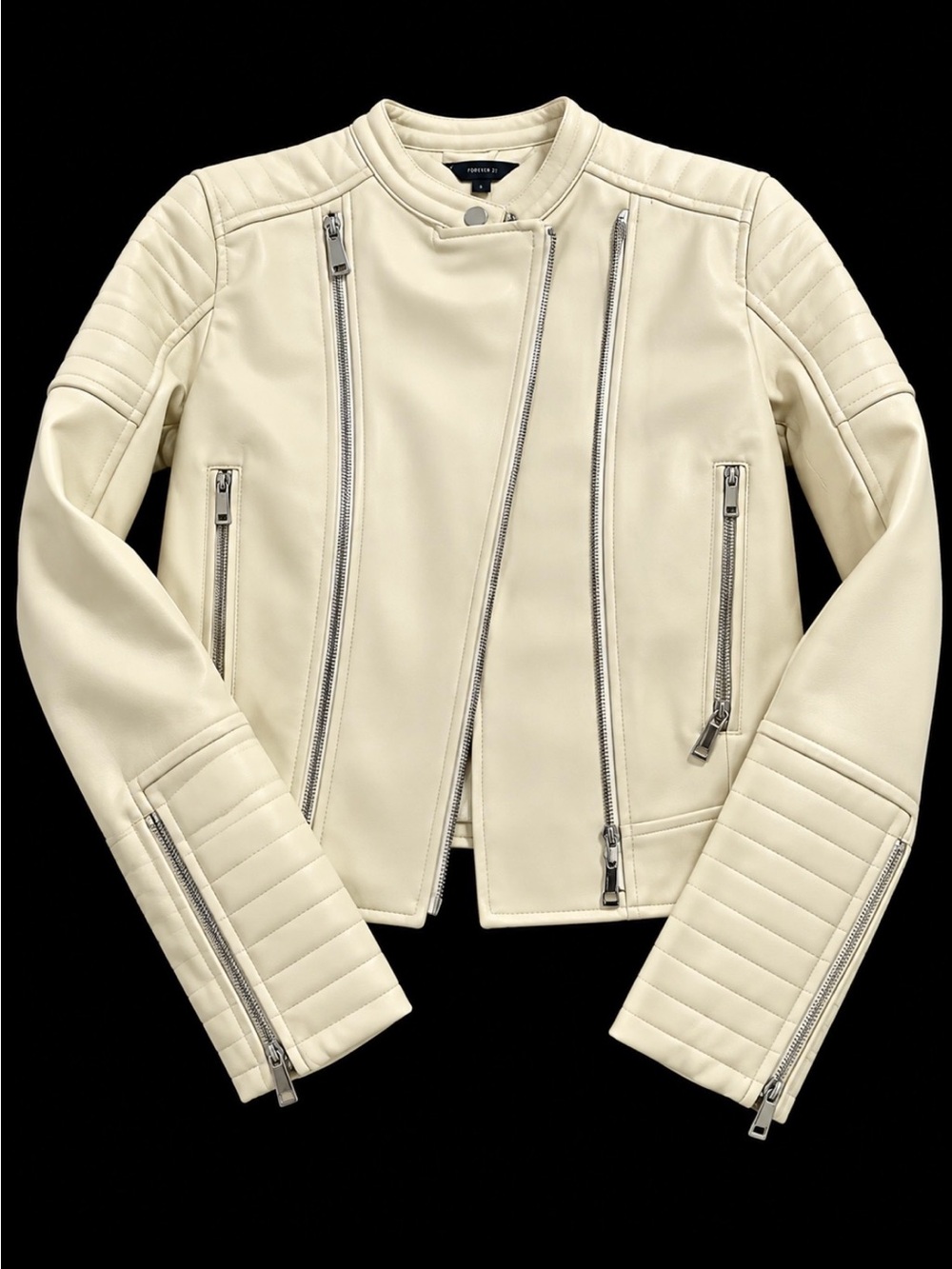 Zara Cream Moto-Style Faux Leather Jacket worn once